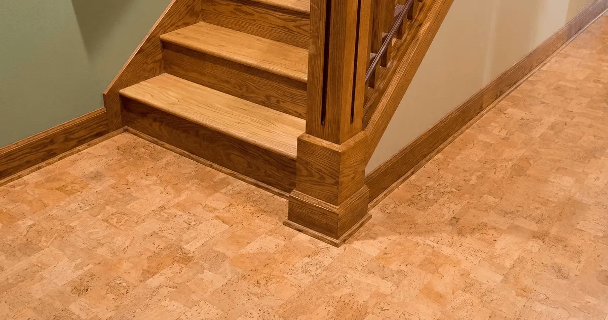 End of a staircase with cork flooring in Louisville, KY