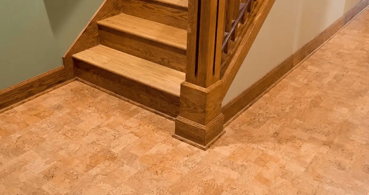 End of a staircase with cork flooring in Louisville, KY