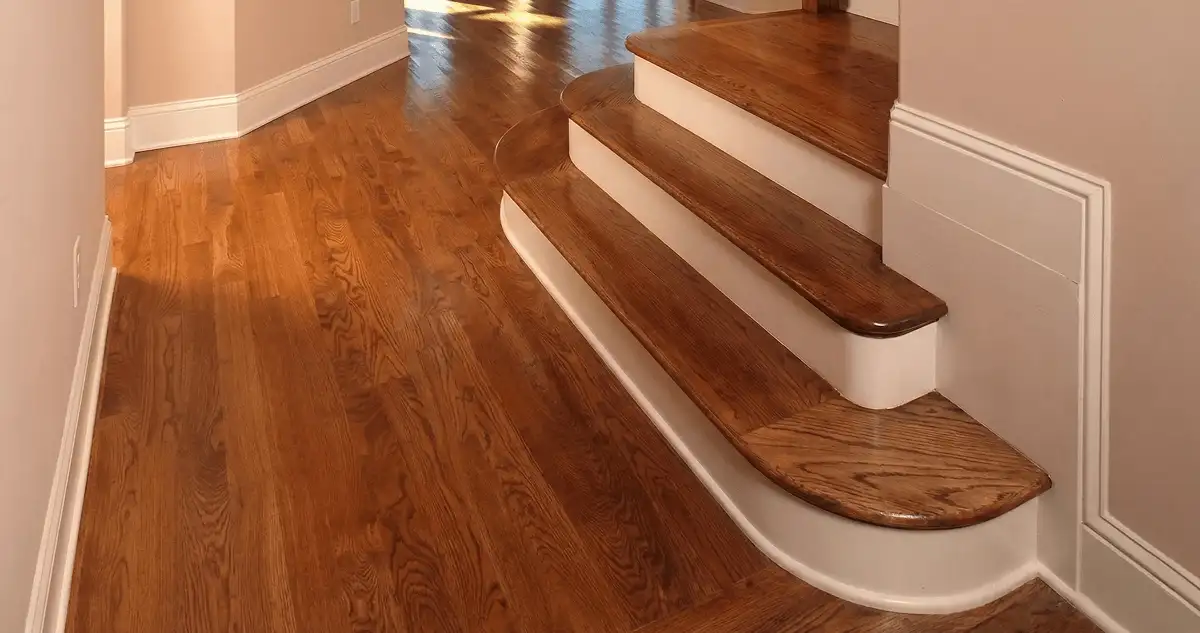 Base floor of a staircase with professionally restored wood flooring in Louisville KY