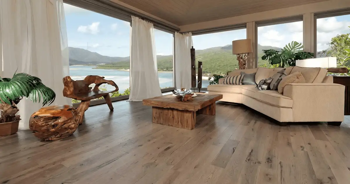 Professionally installed vinyl flooring in a modern living room with large windows in Louisville, KY